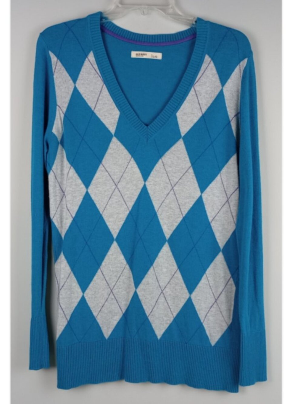 Old Navy Womens L Turquoise Gray Argyle Diamond‎ Long Sleeve V Neck Sweater